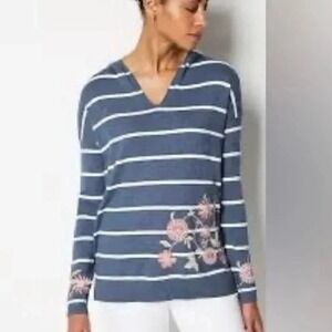 J. Jill NWOT Women's Striped Hoodie‎ Embroidered Floral Blue Sweater Top XS